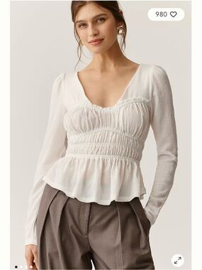 Maeve White Long Sleeve Smocked Top